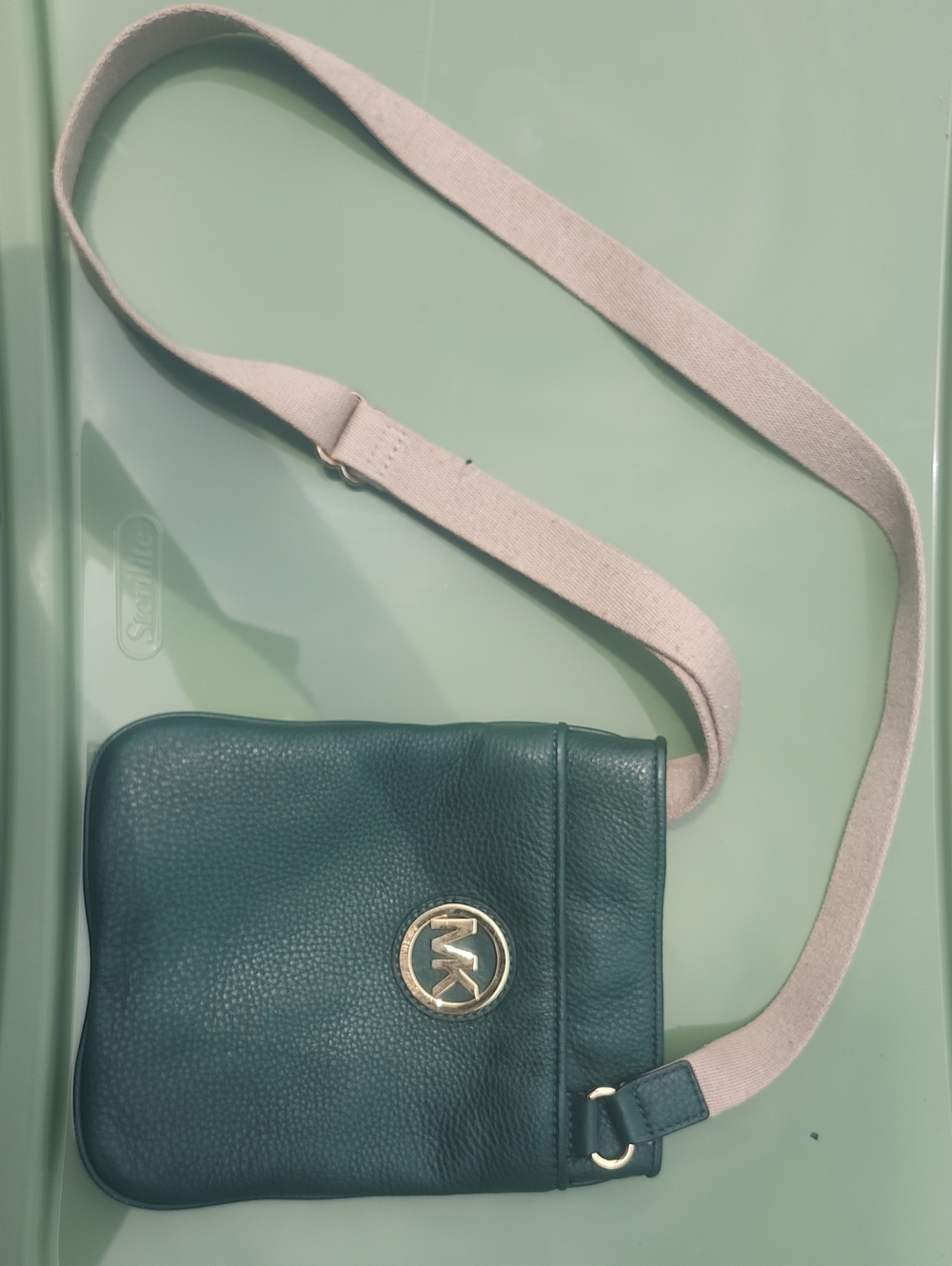 Michael Kors Dark Green Pebbled Leather Crossbody with Canvas Strap
